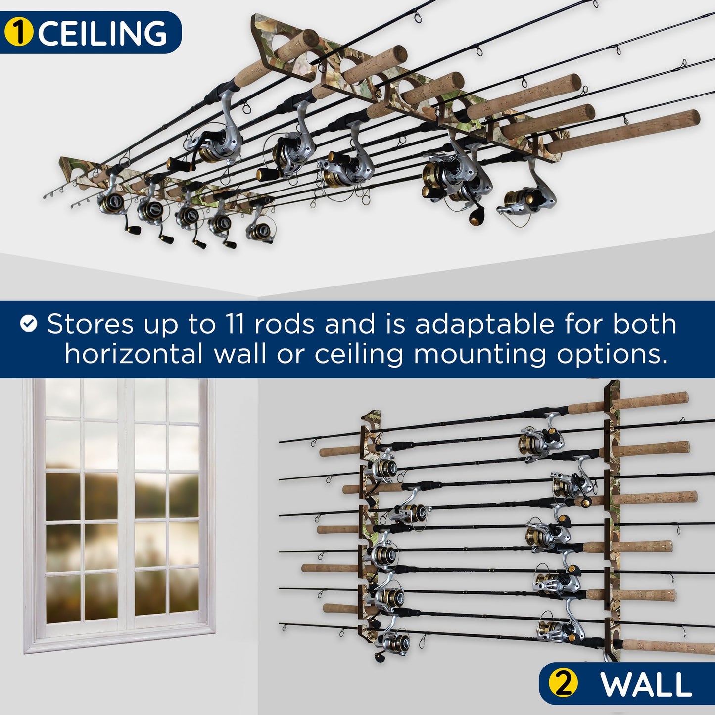 Rush Creek Creations 11 Rod Fishing Pole Holder - Wall Mount Vertical Rack for Garage Organization, Engineered Wood Camouflage Fishing Rod Storage Organizer 27" L x 2.75" W x .65" H