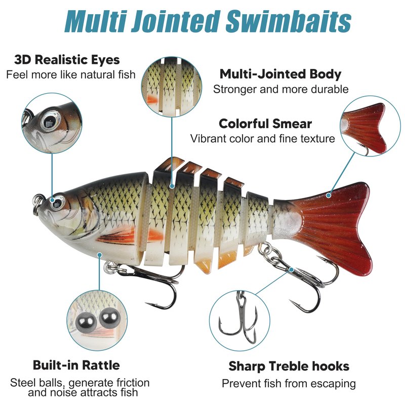 Fishing Lures for Bass Trout Walleye, 5pcs Segmented Multi Jointed Swimbaits Fish-Slow Sinking Bionic Hard Bait Swimming Fishing Lures with Treble Hooks Artificial Lures for Freshwater Saltwater