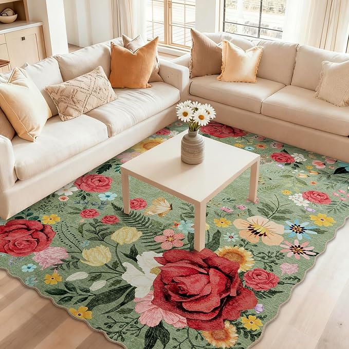 Washable Rugs for Living Room: 5x7 Area Rugs for Bedroom Soft Ultra Thin Stain Resistant Non Slip Low Pile Lightweight Vintage Floral Carpet for Dining Room Decor (Green)