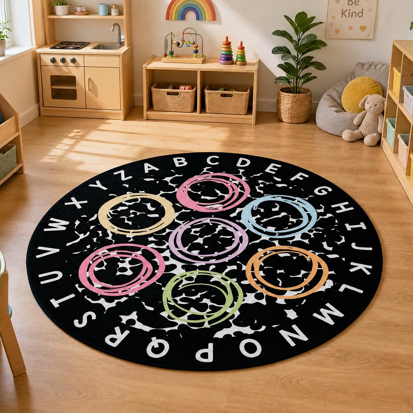 Coume Classroom Rug Elementary 5.9 ft Round ABC Alphabet & Animal Words Educational Carpet Large Learning Play Mat with Non-Slip Backing for Kids Toddlers Preschool Kindergarten (Abc's Circle)