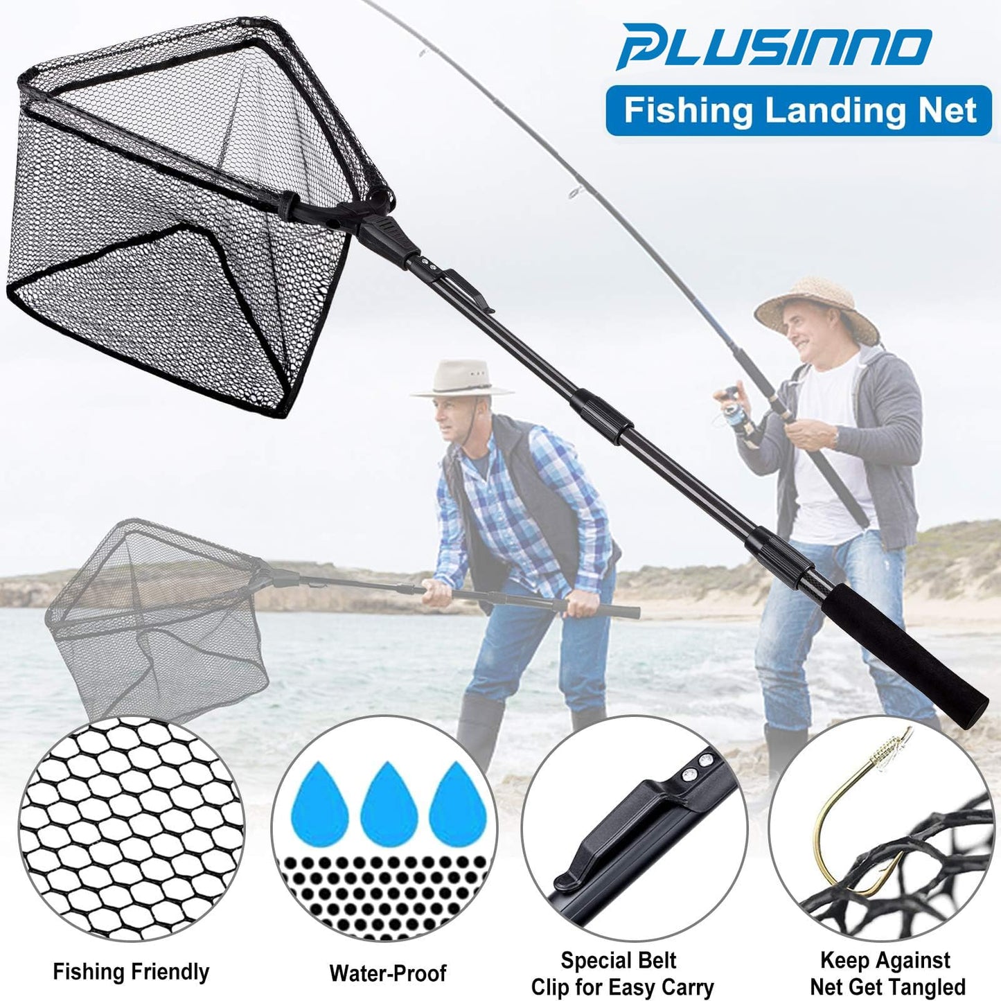PLUSINNO Fishing Net Fish Floating Landing Net, Kayak Nets with Fixed Foldable Telescopic Pole Handle,Bass Trout Fishing Nets with Nylon Mesh for Pond Lake River,Fishing Gear Gifts for Men,Black 1.5M