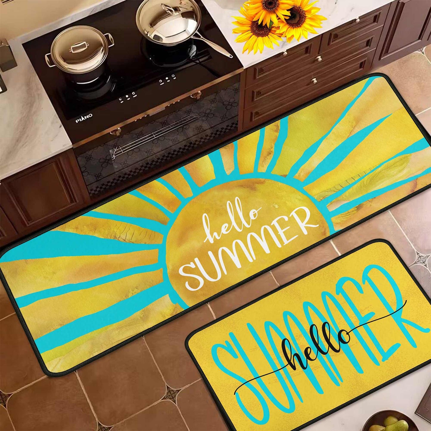 flippana Summer Kitchen Rugs and Mats for Floor, Summer Decorations for Home, 2 Pcs Non-Slip Backing Spring Summer Mat, Summer Decor Holiday Kitchen Rug Sets with Runner 17"x47.2"+17"x30"