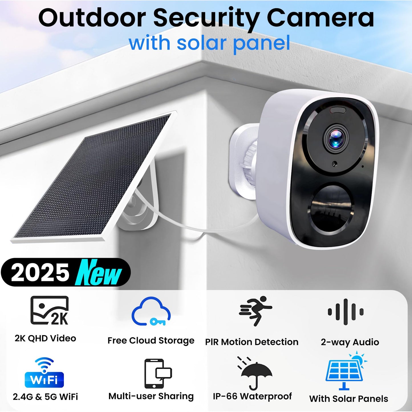 2025 Upgraded 2K Security Cameras Wireless Outdoor, Free Cloud Storage & Local SD Card Support, 1-6 Months Battery Life, Waterproof, 2-Way Talk, AI Motion Detection Spotlight Siren Alarm Camera