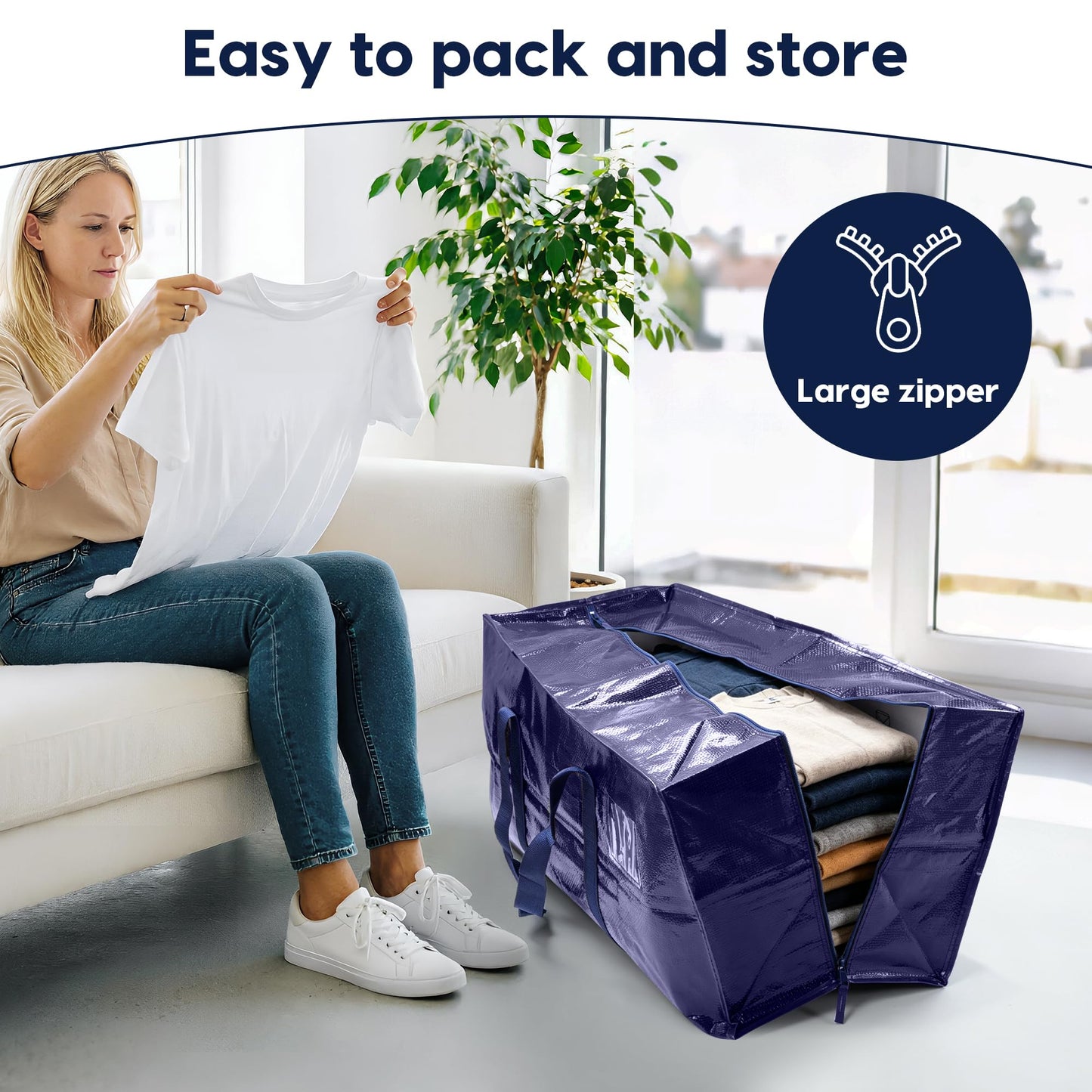 RMOHRO 6 Pack Moving Bags Heavy Duty 210GSM with Full-Open Side Zipper, 93L 220lbs Waterproof Foldable Storage Totes for College Dorm Move-In, Lidded Storage Bins., Blue