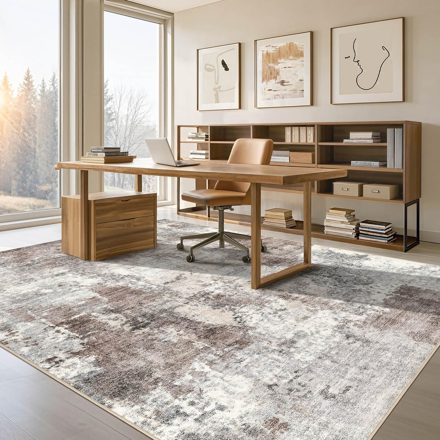 Tortania Washable 6x9 Area Rug for Living Room: Modern Abstract Neutral Large Soft Thin Rugs - Non Slip Indoor Carpet for Bedroom Dining Room Office Nursery Home Floor Decoration - Gray Brown