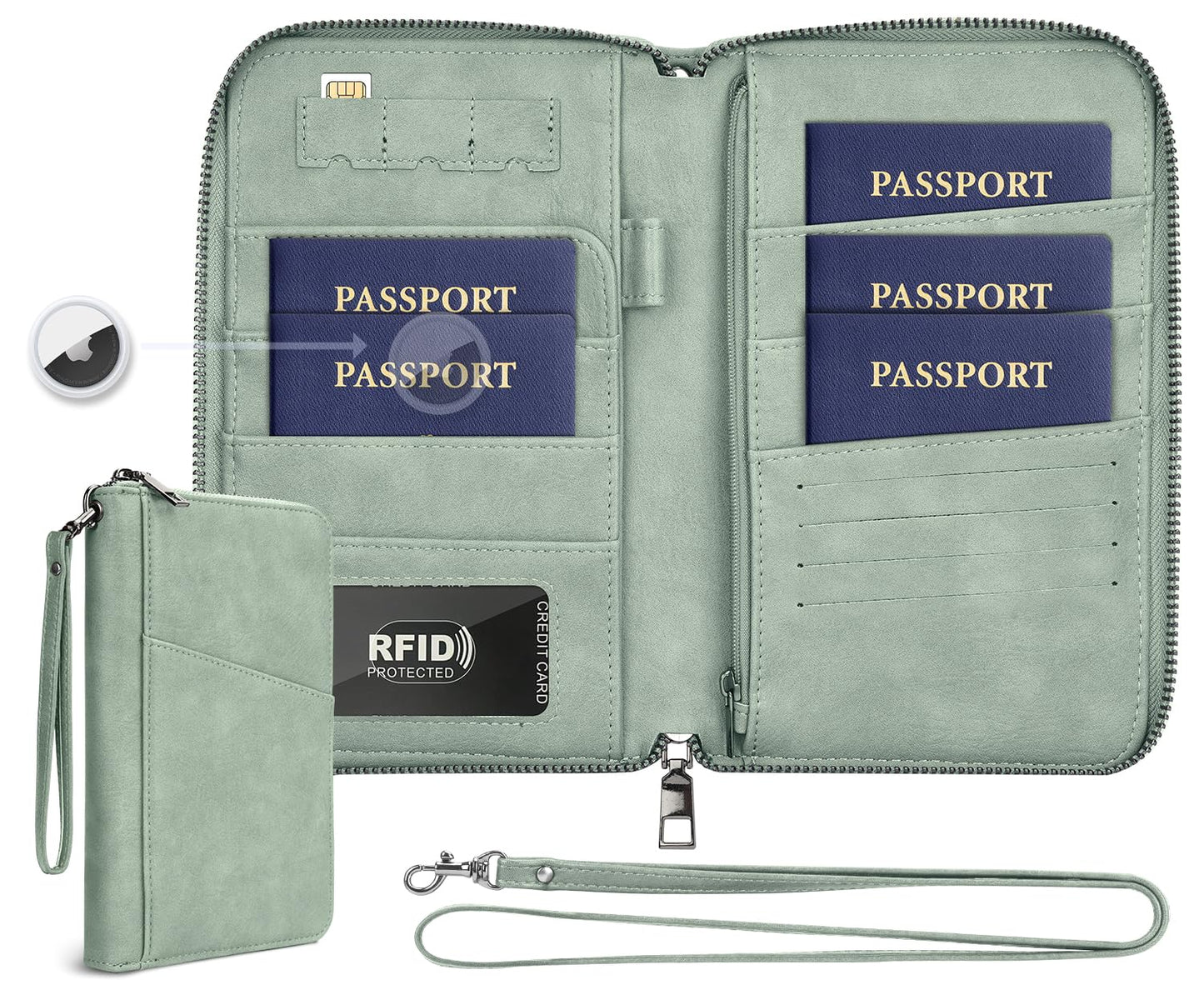 Family Passport Holder Wallet RFID Travel Document Organizer for Women Men, Portable Case Cover for Cards, Boarding Pass with Wrist & Neck Double Strap, Travel Gifts (Sage Green, 1pack)