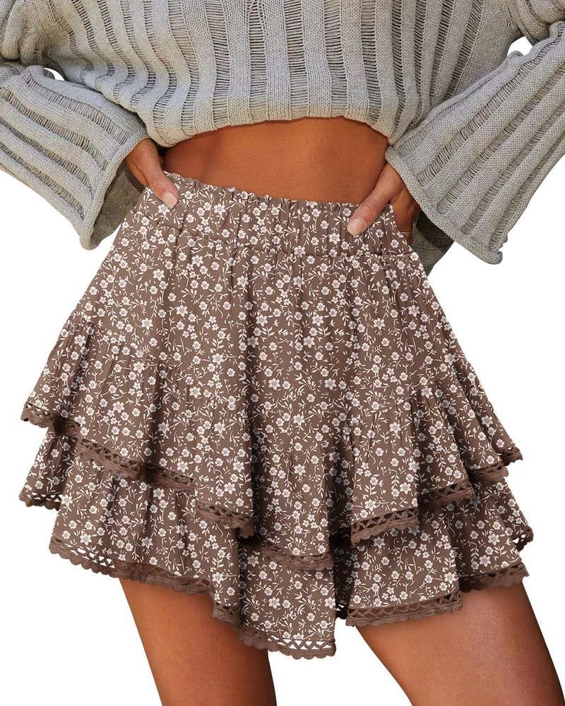 onlypuff Ruffle Skorts for Woman Floral Cute Mini Skirts Flowy Shorts Country Concert Outfits Coastal Cowgirl Coachella Western Skirt Floral Brown L