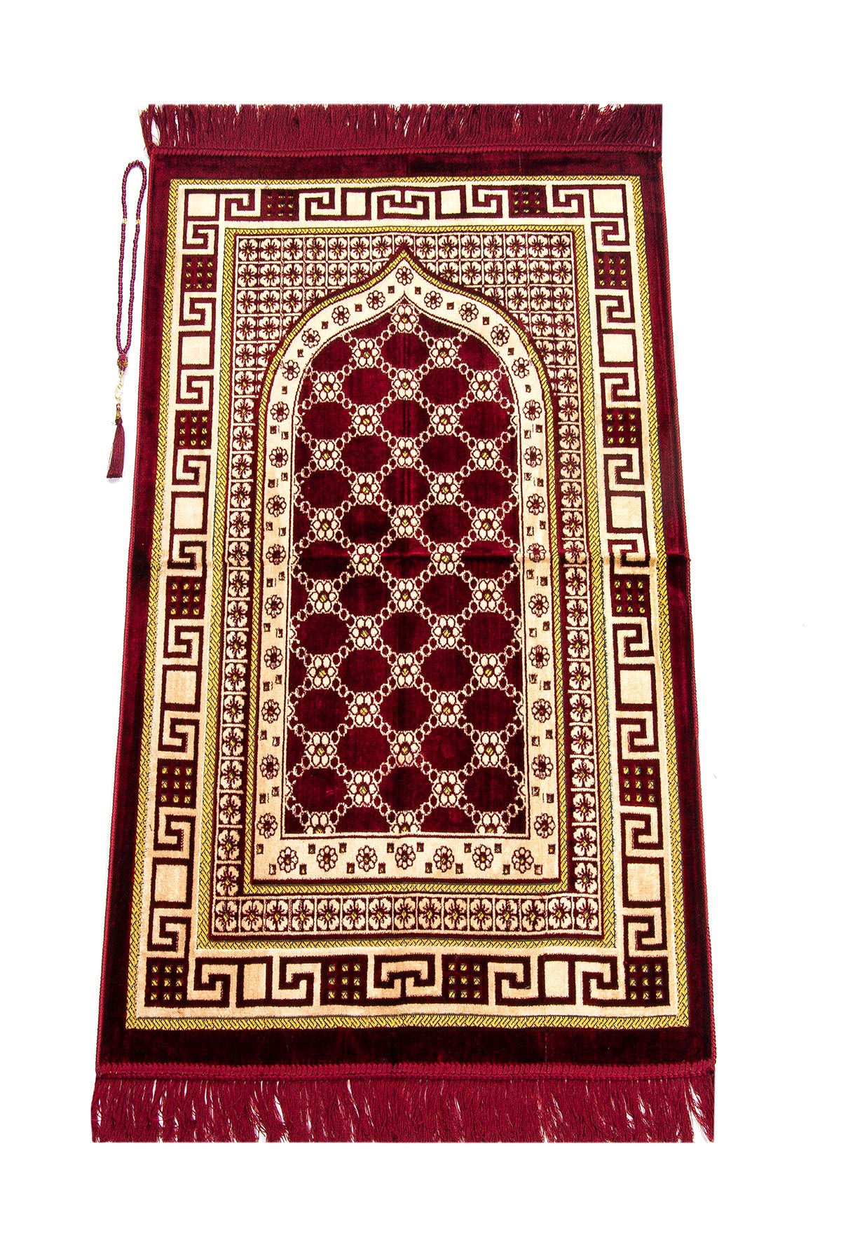 ihvan online Luxury Velvet Muslim Prayer Rug with Prayer Beads, Janamaz, Thick Soft Sajadah, Islamic Gift, Portable Prayer Carpet Mat, Velvet Fabric, Red