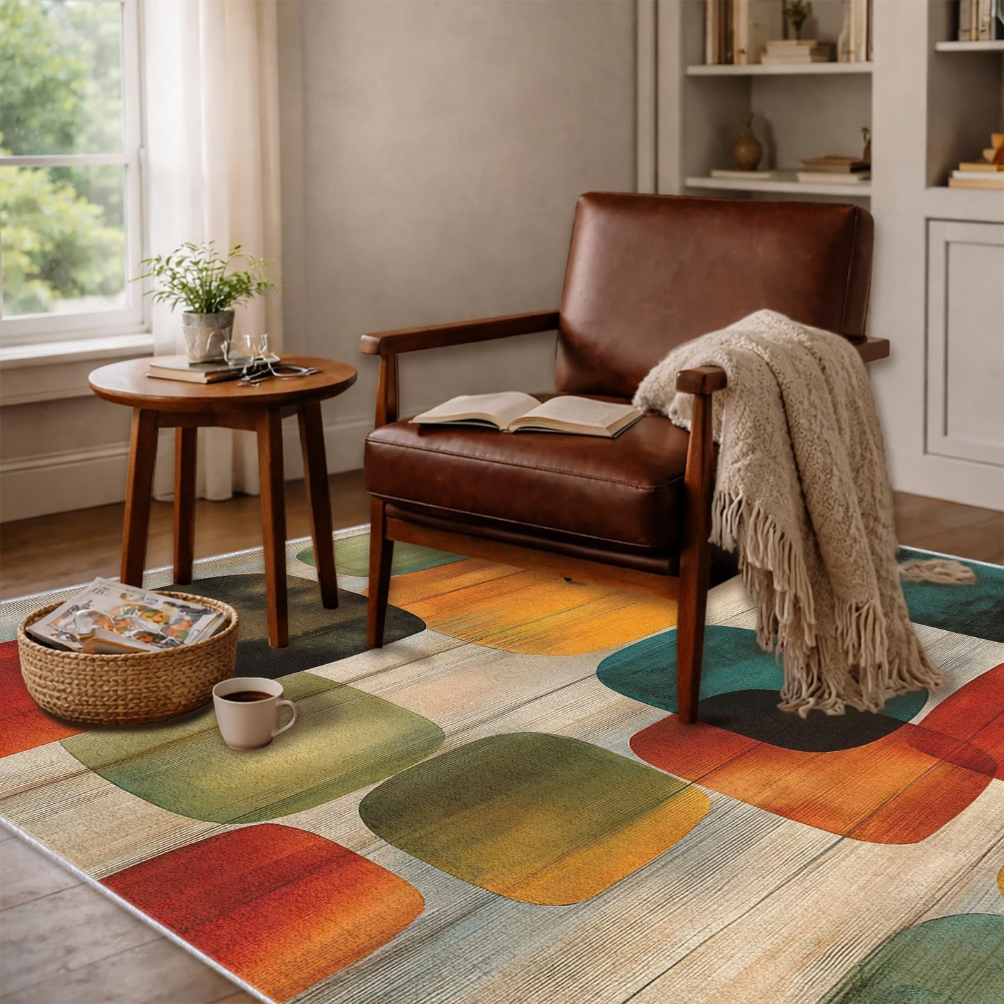 Tzvjxln Mid Century Geometric Area Rug 5x8 ft, Retro Color Block Abstract Statement Rug, Low Pile Non-Slip Washable Indoor Rug for Living Room Bedroom