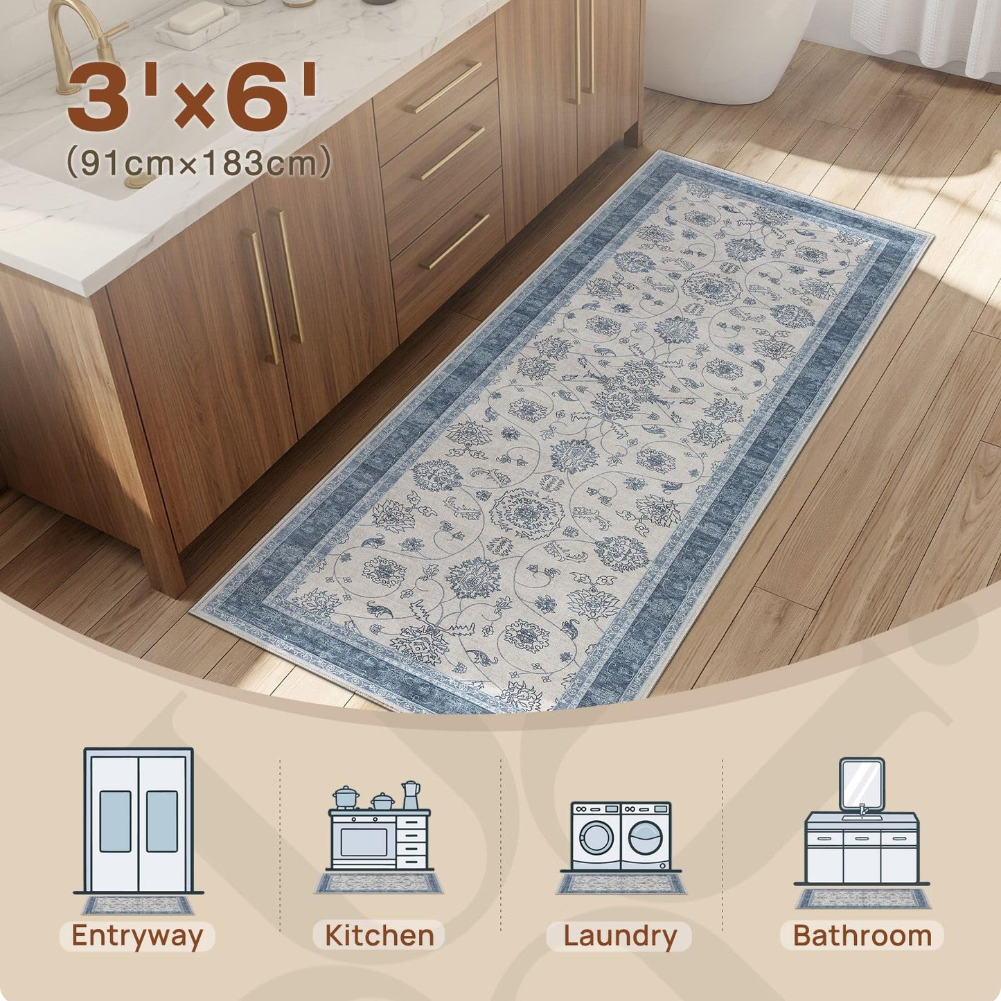 UERMEI 3x6 Machine Washable Runner Rug: Vintage Non Slip Low-Pile Stain-Resistant Hallway Floor Carpet, Soft for Entryway Kitchen Bathroom, Kid Pet Safe Robot Vacuum Friendly - Blue