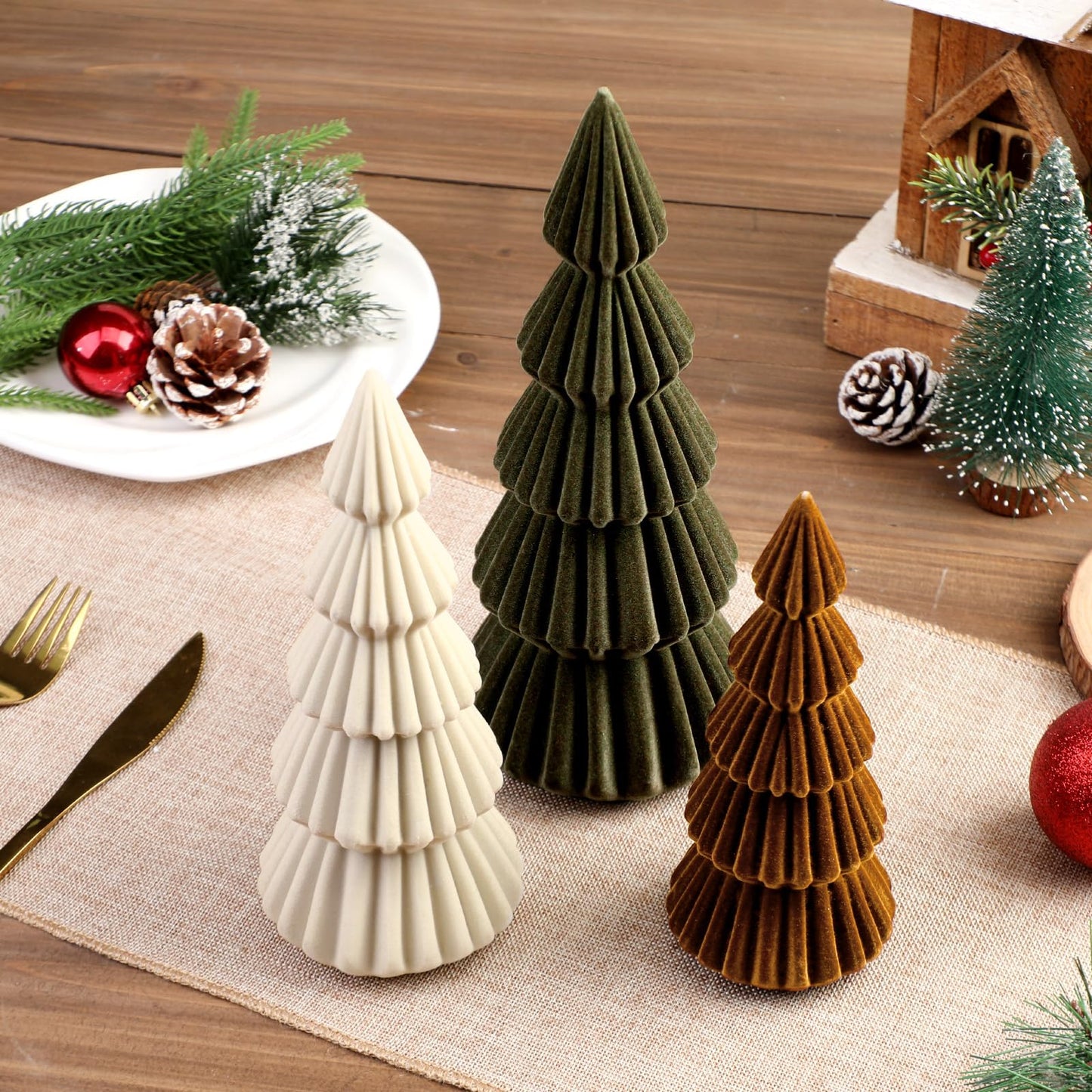 Relaxgiant Set of 3 Velvet Ceramic Christmas Trees Decoration Large Modern Velvet Cone Christmas Tree Figurine Decor Holiday Xmas Winter Indoor Home Tabletop Mantel Centerpiece(Green, Beige, Brown)