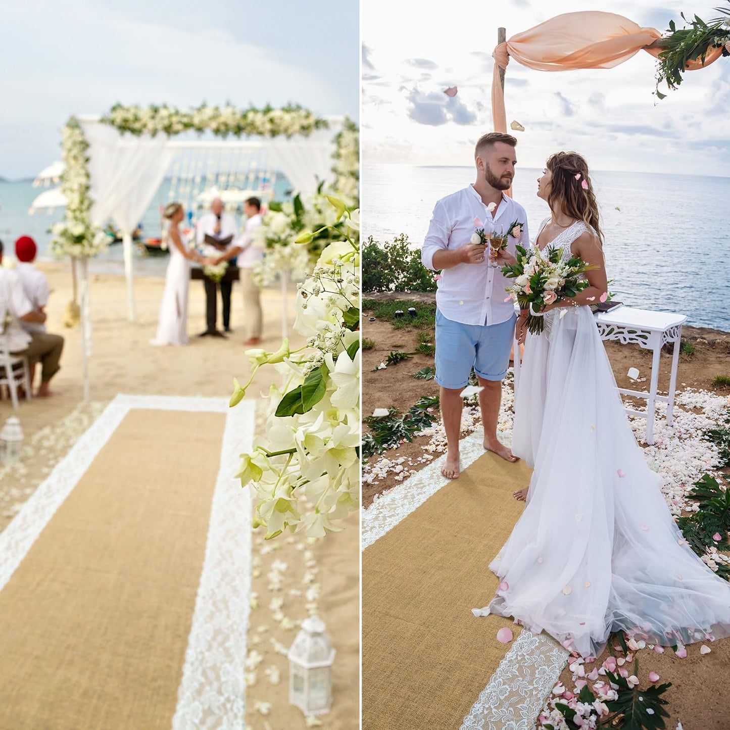Preboun 3ft x 30 ft Wedding Aisle Runner Outdoor Natural Burlap Aisle Runner for Wedding Ceremony Wide Rustic Jute Carpet Rug with Lace Outdoor Beach Ceremony Decorations for Garden Lawn Church