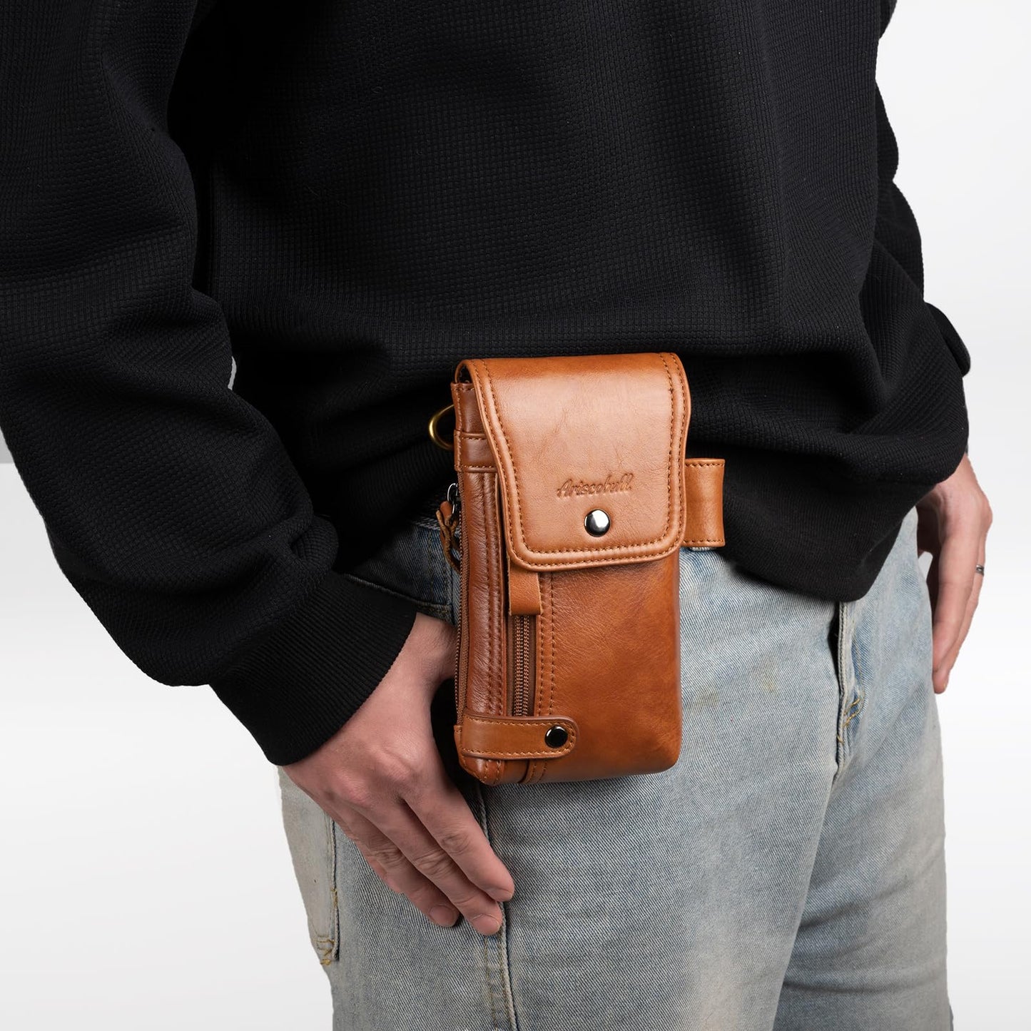 Ariscobull - Leather Phone Holster - Genuine Full-Grain Buffalo Leather Cell Phone Holsters - for iPhone 16, 15, 14, 13pro, Galaxy S24, S23, S22 (Brown, Large)