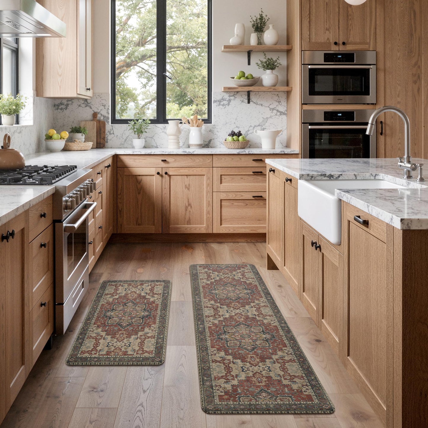 GENIMO Kitchen Mats for Floor 2PCs, Washable Anti Fatigue Mat for Cushioned, 17.3"x59"+17.3"x30", Waterproof Kitchen Rugs, Non Slip Comfort Standing Mat Rug for Home, Sink, Laundry, Bordeaux