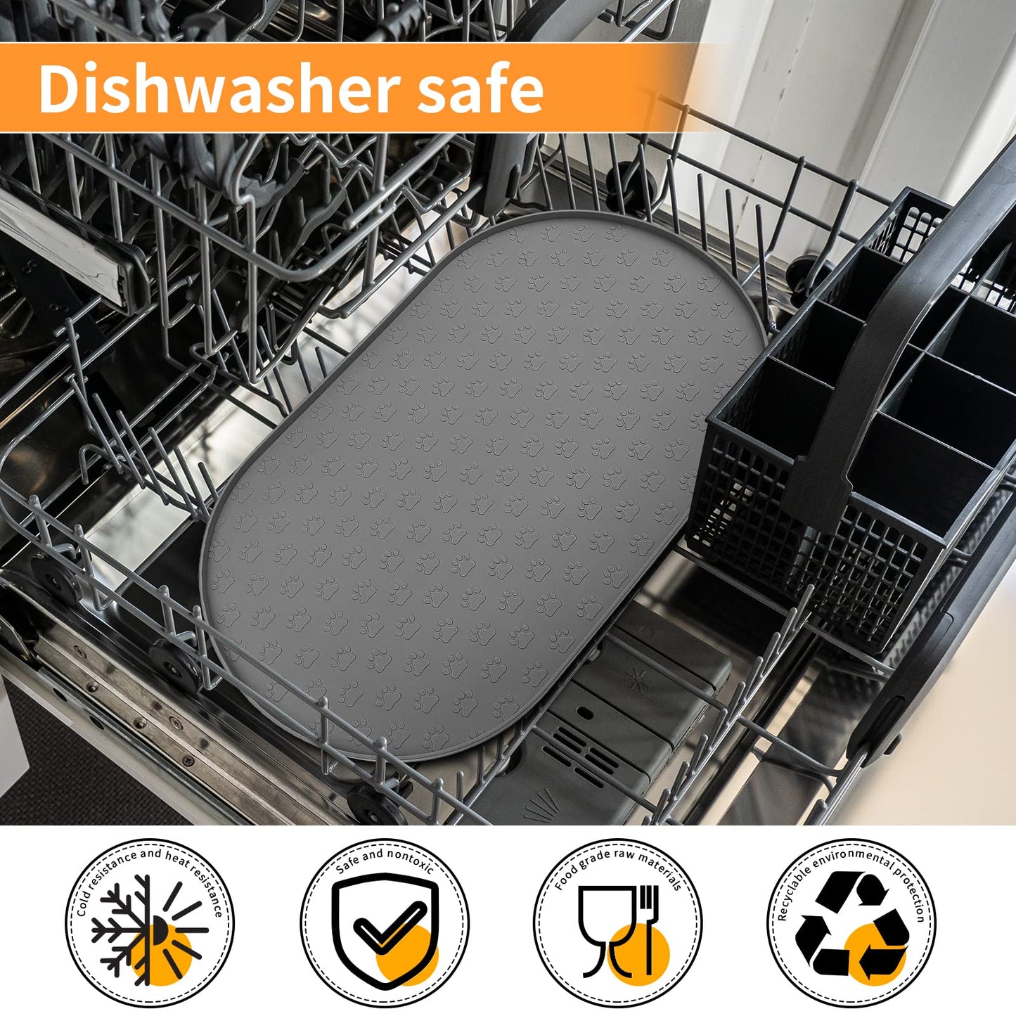 KPWACD Pet Feeding Mat for Dogs and Cats, Silicone Dog Placemat Non-Slip Waterproof Bowl Mats Prevent Food and Water Overflow, High-Lips Puppy Dish Tray Mat Suitable for Large Medium Small Pets, Grey