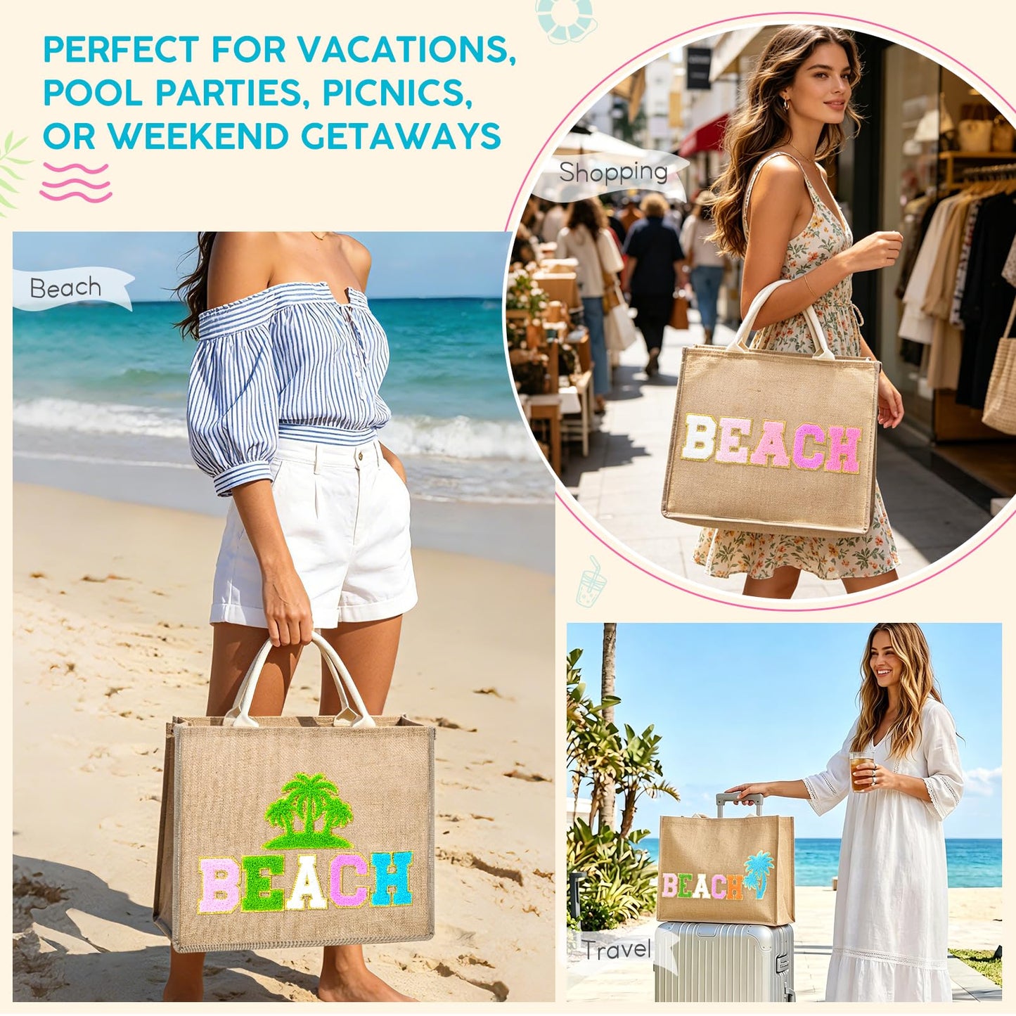 KUIRAN Beach Bag for Women, Large Woven Straw Beach Bag with Chenille Letter Patches and Water-resistant Lining, 22L Tote Handbag for Pool, Travel, Shopping, Summer Vacation, Bachelorette Gift - Green