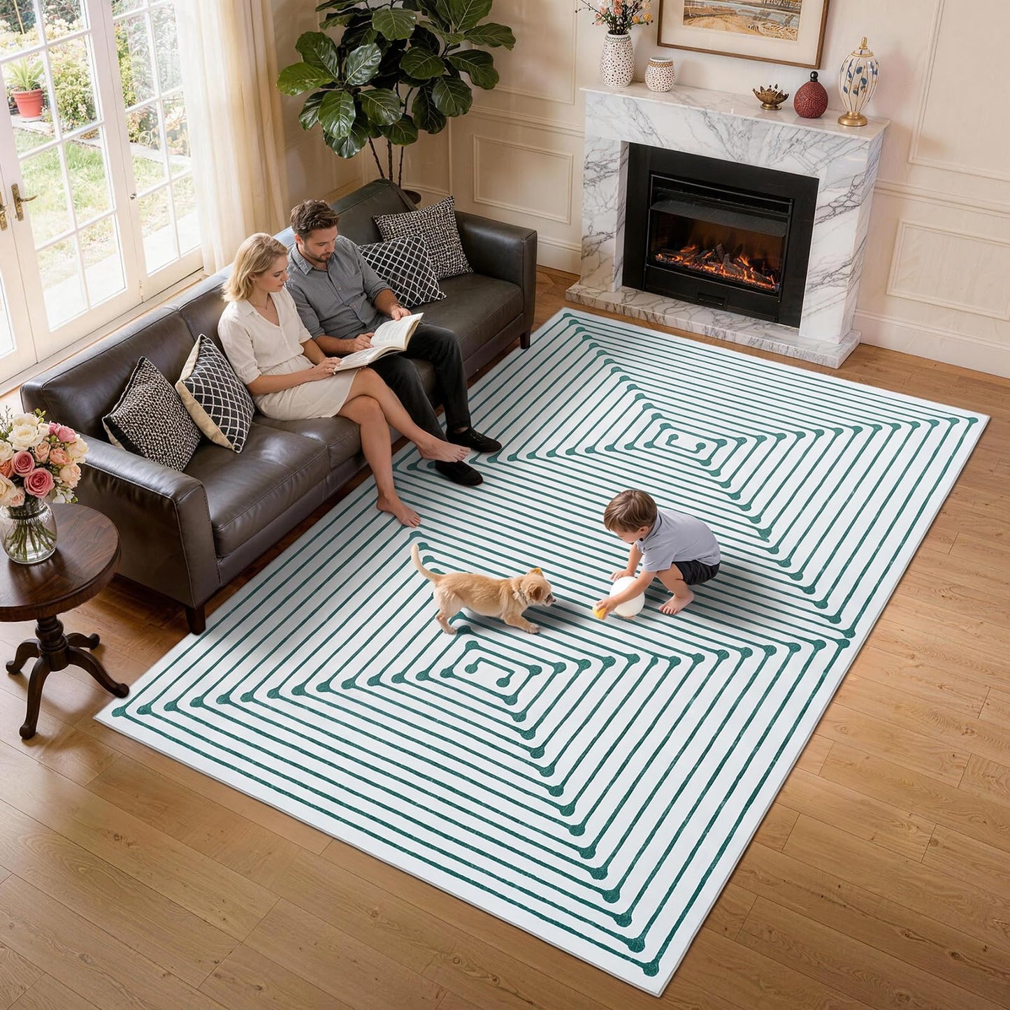 YIHOUSE Washable 8x10 Area Rugs for Living Room, Green Striped Rug for Bedroom Non Slip Low Pile, Large Modern Geometric Carpet for Playroom Dining Room Home Office Decor