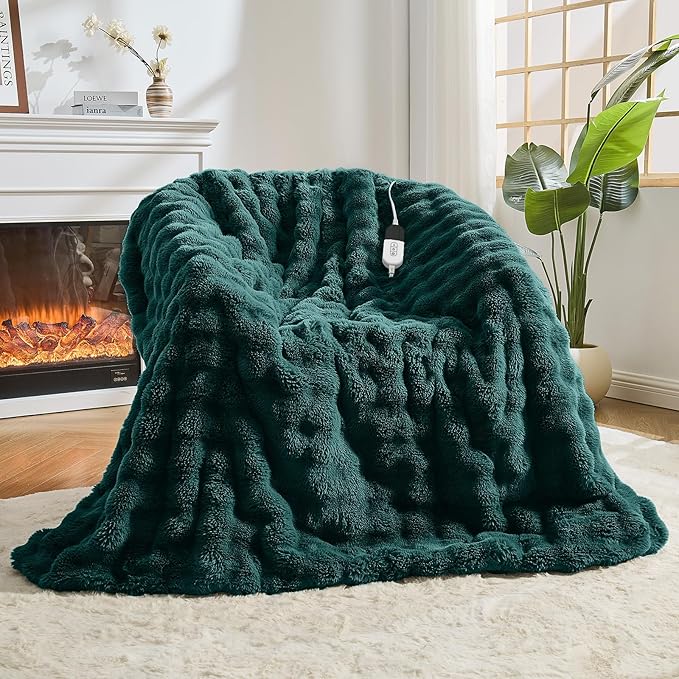 Heated Blanket Electric Throw Blanket 50''X 60''-Heating Blanket with 6 Heat Settings-4 Hours Auto Off,Cozy Faux Rabbit Fur Bubble Electric Blanket,Dark Green