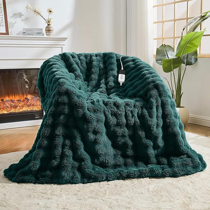 Heated Blanket Electric Throw Blanket 50''X 60''-Heating Blanket with 6 Heat Settings-4 Hours Auto Off,Cozy Faux Rabbit Fur Bubble Electric Blanket,Dark Green