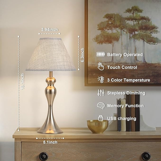 Cordless Bedside Lamp for Living Room, Table Lamp for Bedroom, 3-Way Dimmable Nightstand Lamp with Fabric Shade, Rechargeable Touch Led Desk Lamp Battery Operated Lamp for Dorm, Home Office (Nickel)