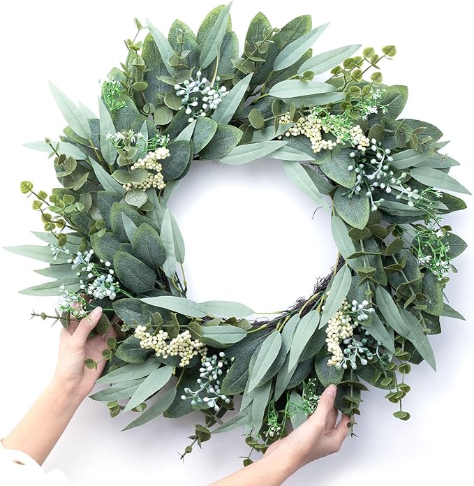 26" Eucalyptus Wreaths Large Artificial Greenery Outdoor/Indoor Wreath Spring/Summer Wreath Green Wreaths for Front Door Porch Window Wall Hanging Decor All Year Round Wr-eath（Green）