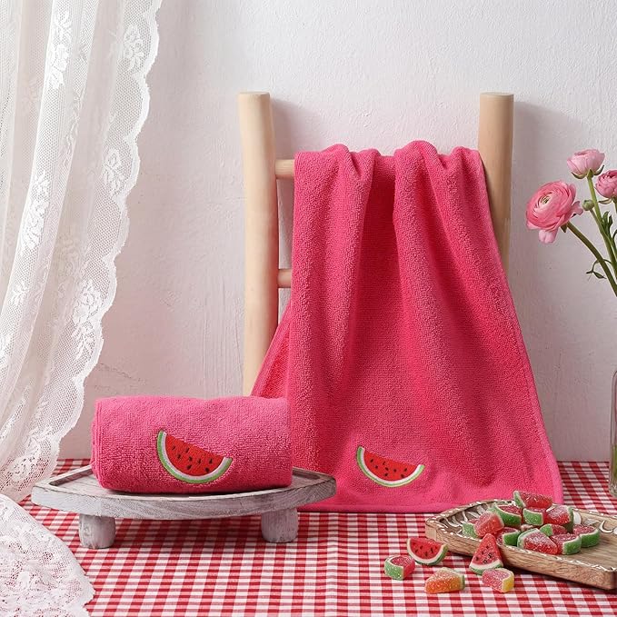 2 Pcs Watermelon Hand Towels Bright Pink Bathroom Decor 14x29 Inch Embroidered