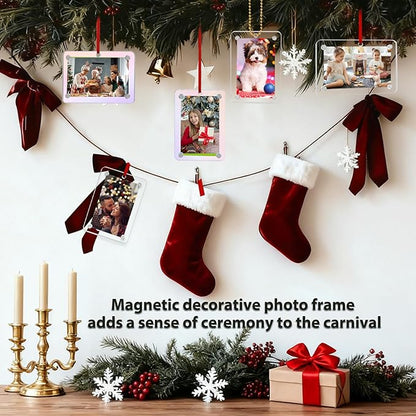 Christmas Photo Ornament Set of 4, 2x3 Inch Clear Acrylic Hanging Picture Frame for Family Photo, Christmas Tree, Holiday Decoration, Multifunctional Magnetic Picture Frames for Car and Fridge Decor
