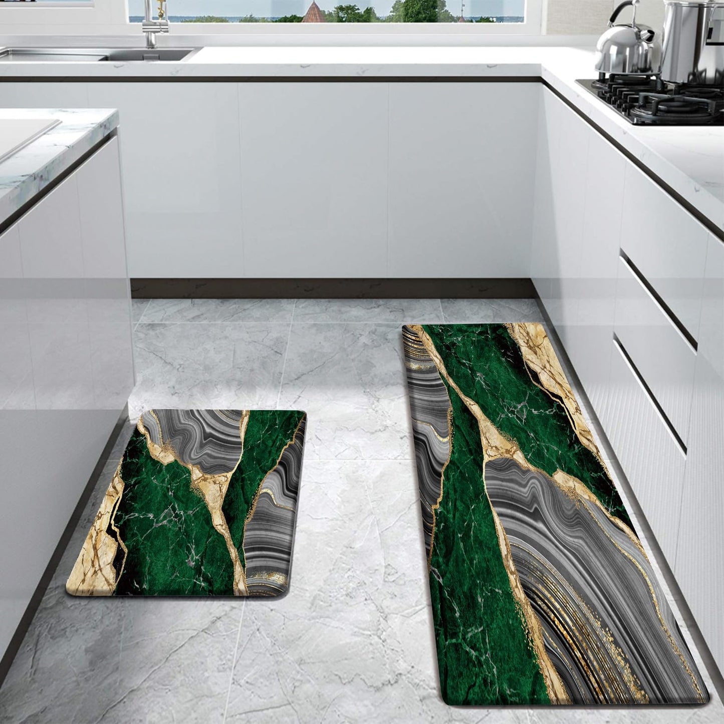 Bulijojo Green Ink Abstract Marble Anti Fatigue Kitchen Floor Mats Set of 2 Waterproof Kitchen Sink Runner Rug Standing Mat Cushioned Kitchen Rugs Comfort Doormat 17"x47"+17" x30“