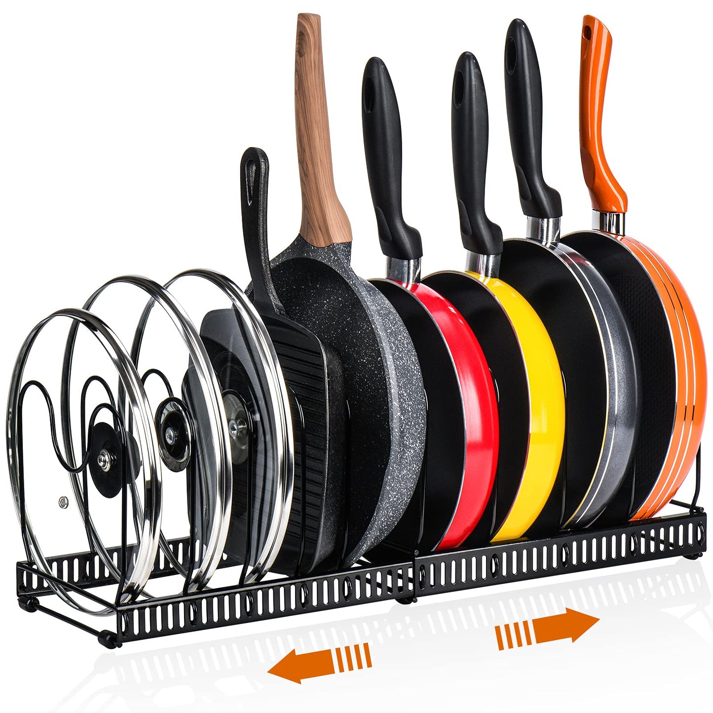 Toplife Pots and Pans Organizer Rack for Cabinet and Countertop, 10+ Pot Lids, Bakeware and Cookware Organizer Rack Holder with 10 Adjustable Compartments - Brown