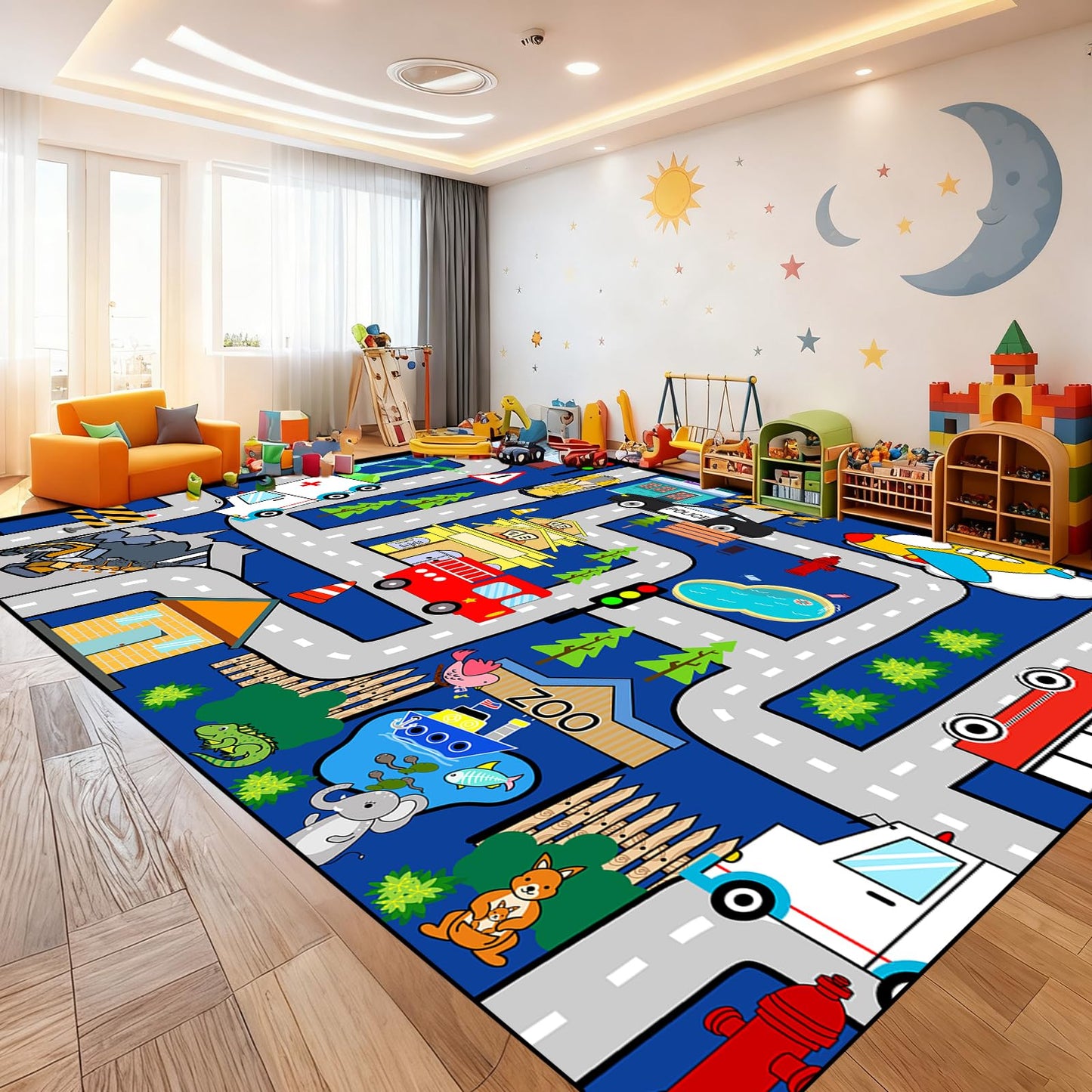 Car Rugs for Kids 6x9 Feet - Large Car Road Rug for Playroom Kids Carpet Playmat Rug City Life Road Map Carpets Classroom Nursery Kid Play Rugs, Blue