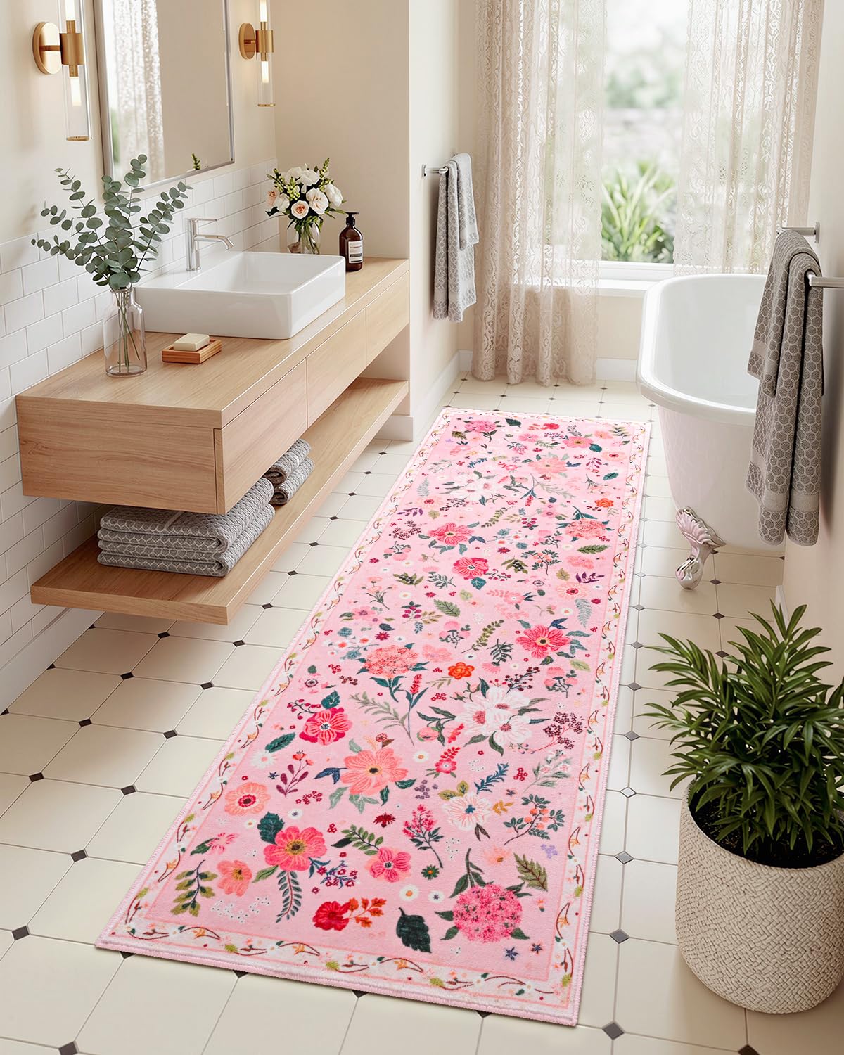 Macgace Pink Floral Runner Rug, 2x6 Flowers Printed Washable Rugs with Non Slip Backing for Girls Bedroom Kitchen Hallway, Cute Carpet Runners Home Aesthetic Decor