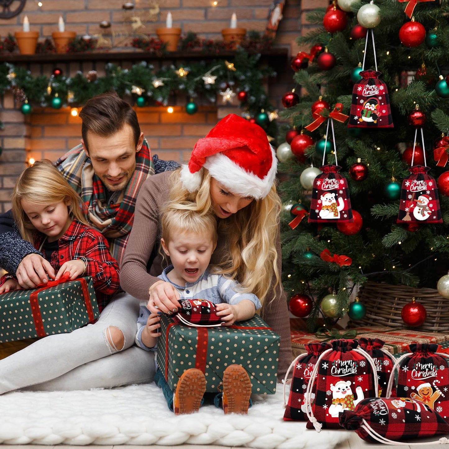 FLOE 36Pcs Burlap Christmas Drawstring Bags Buffalo Plaid Xmas Gift Bags Burlap Xmas Candy Bag Small Christmas Linen Goody Gift Sacks Treat Sacks Reusable Gifts Wrapping Bag Holiday Party Favors