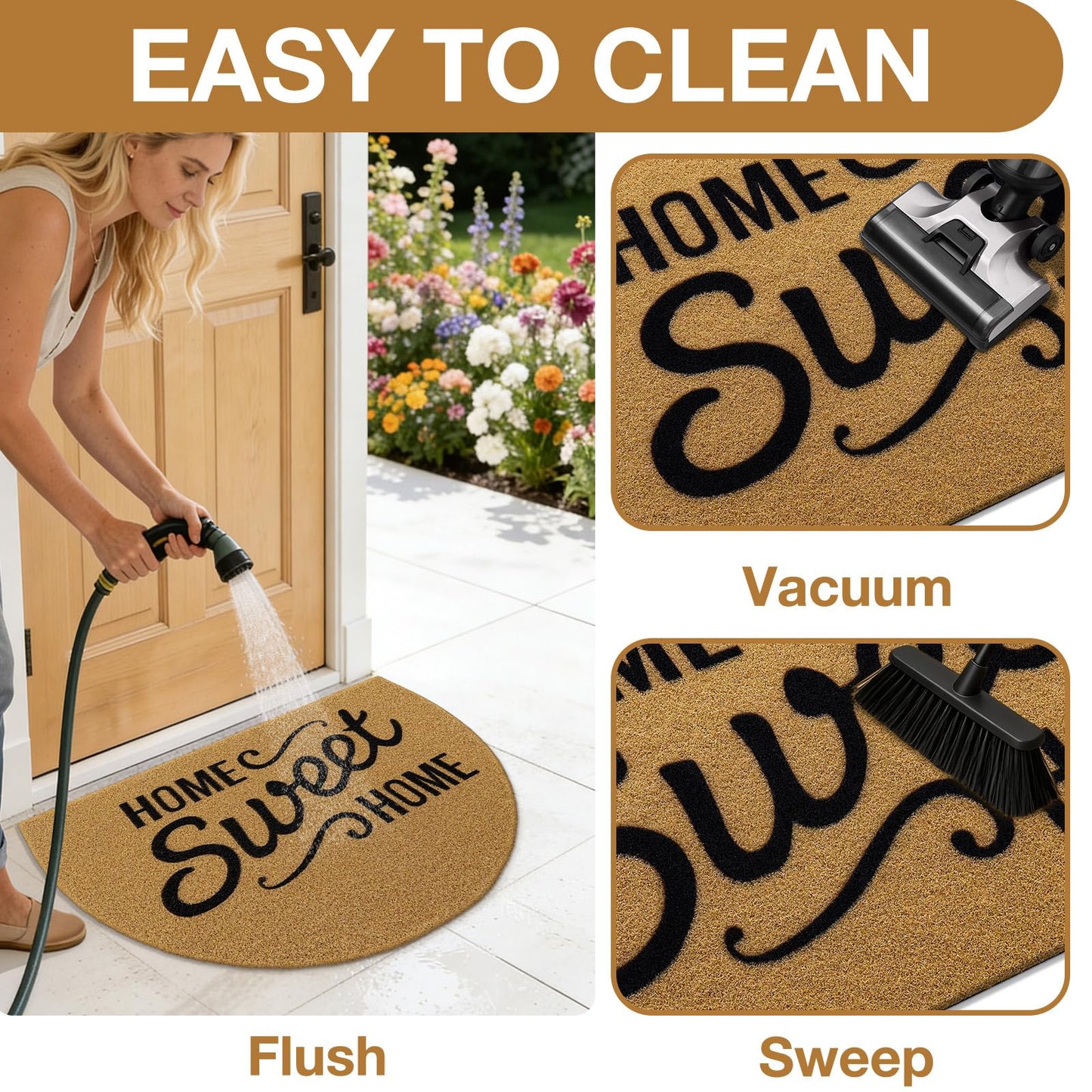 OLANLY Half Circle Front Door Mat, Low Profile Doormat, Stain and Fade Resistant, Easy to Clean, for Indoor and Outdoor Entrances, Patio Porch or Entryway, Brown (47x32 Inch, Home Sweet Home)