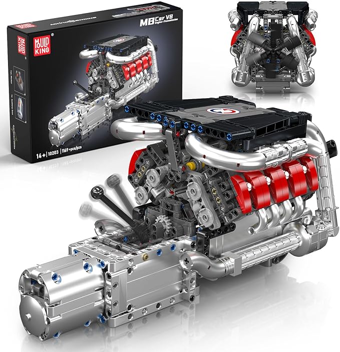 Mould King 10203 V8 Engine Building Kit for 14+ Adults MOC Ideas 4-Speed Transmission V8 Engine Model for Display STEM Building Project for Teens(1169 PCS)