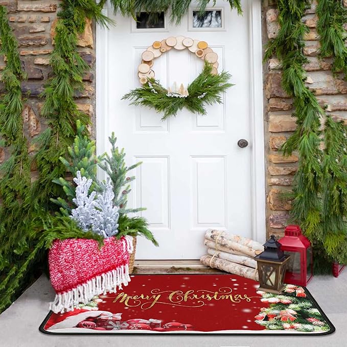 Christmas Kitchen Rugs 2 PCS, Merry Christmas Kitchen Rug, Non Skid Washable Padded Soft Comfort Kitchen Rugs Set (17"x47"+17"x30",Merry Christmas)