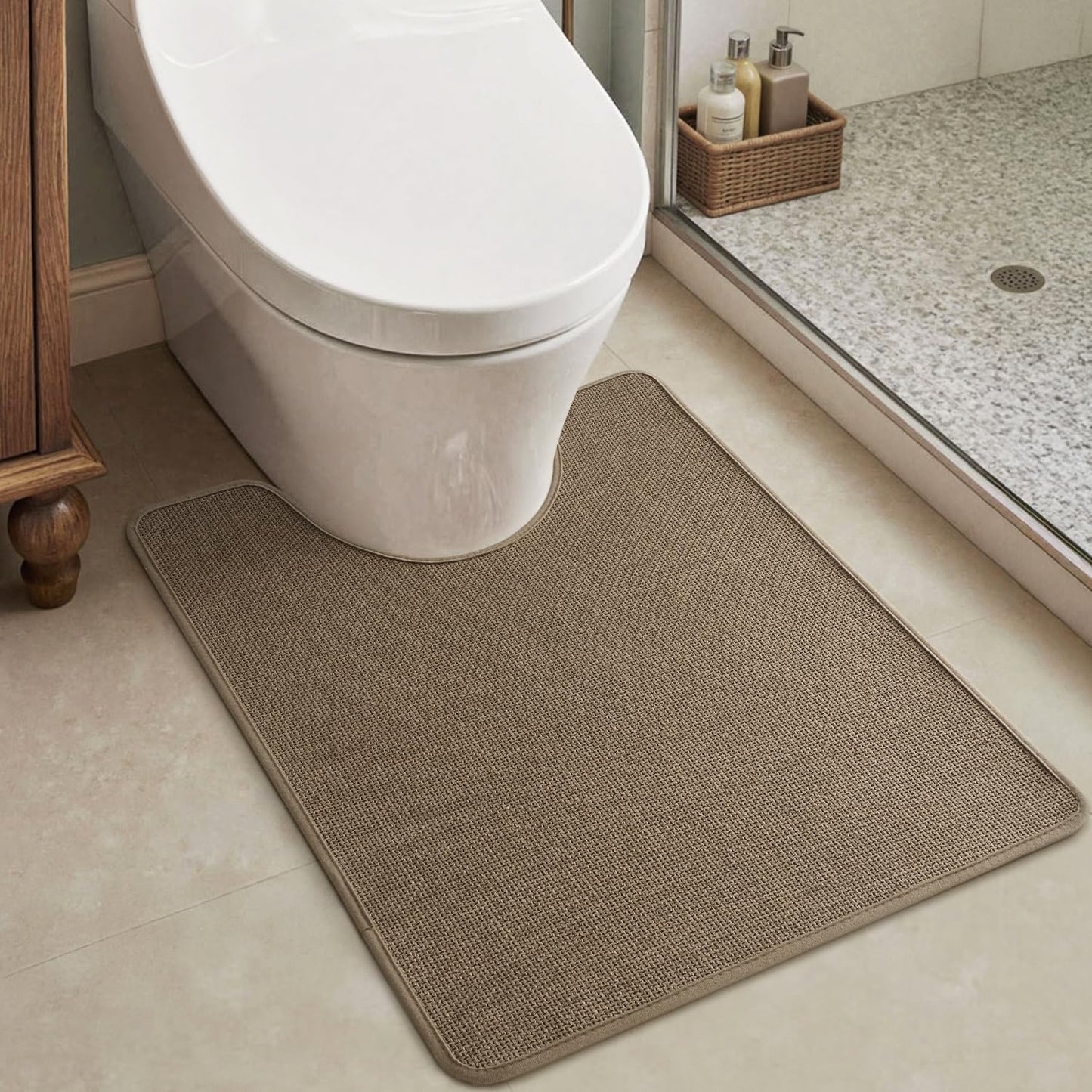 MontVoo Toilet Rugs U-Shaped, Ultra Thin Non Slip Contour Bathroom Rugs,Rubber Backing Washable Contour Bath Rugs for Toilet Mat,20''x24'',Khaki
