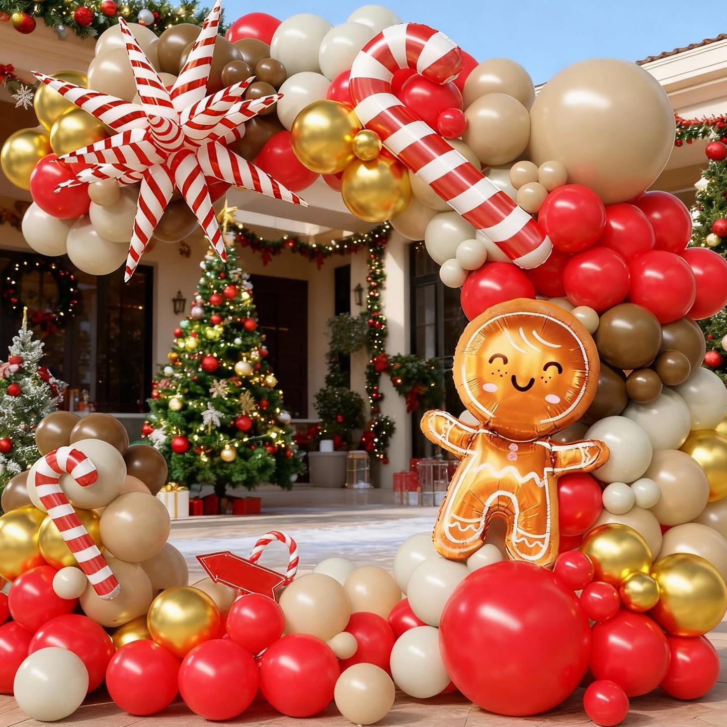 FunHot Christmas Balloon Arch Kit, Xmas Beige Red Balloon Garland, Apricot Brown Red Metallic Gold Latex Balloons with Gingerbread Man Candy Cane Star Foil Balloons for Christmas Party Decorations