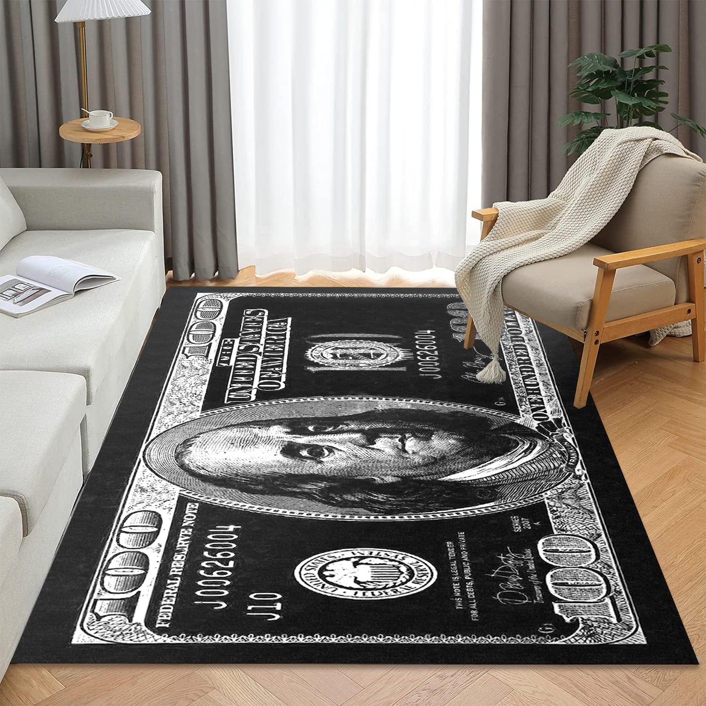 NITUMIR 4×6 Rug for Room Decoration Black and White Money Area Rugs Modern 100 Dollar Bill Rugs for Living Room Non-Slip Runner Rug for Bedroom Office Dining Room, Washable Cash Art Carpet 47”x71”