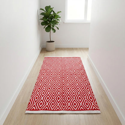 Chenille Cotton Diamond Runner Rug 2x5 Feet - Red, Reversible Washable Soft Floor Runners Ideal for Kitchen, Hallway, Bedroom, Bathroom | Farmhouse Boho Indoor Use Rugs for Patio Décor