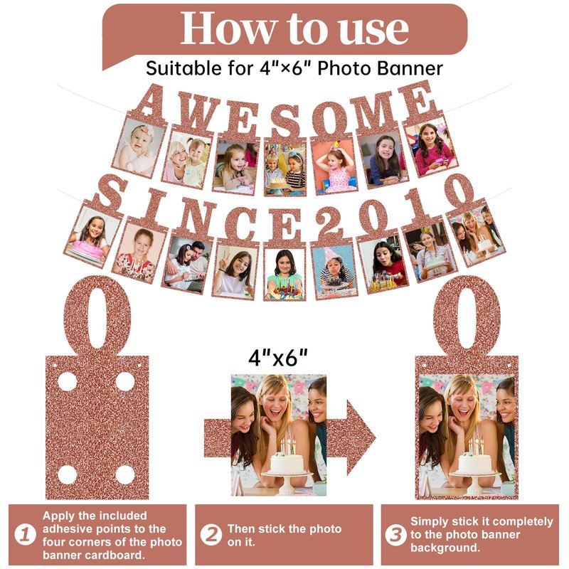 Pre-strung Awesome Since 2010 Photo Banner Birthday Decorations for Girls Women- Pink Rose Gold Glitter Sweet 16th Birthday and Anniversary Decorations Party Supplies