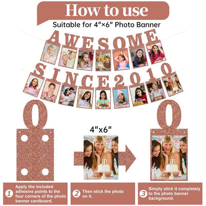 Pre-strung Awesome Since 2010 Photo Banner Birthday Decorations for Girls Women- Pink Rose Gold Glitter Sweet 16th Birthday and Anniversary Decorations Party Supplies