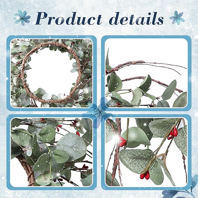 YNYLCHMX 18 Inch Winter Wreath for Front Door, Winter Wreath with Eucalyptus Leaves with Berry, Artificial Door Front Door Wreaths for Indoor Windows Walls Farmhouse Holiday Party Decoration