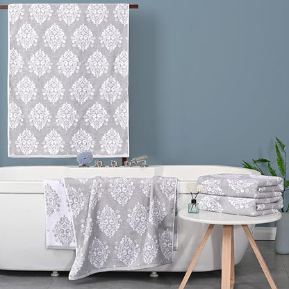 Grey Pattern Bath Towels, Quick Dry Bath Towel, Damask Jacquard Shower Towel