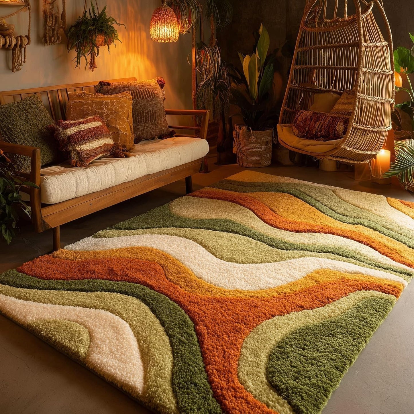 Hand Tufted Abstract Area Rug Wool Modern Wavy Pattern Carpet in Rust Orange Olive Green Cream for Living Room Bedroom Boho Decor Soft Plush Handmade Contemporary Floor Rug (2x2 ft / 60x60 cm)