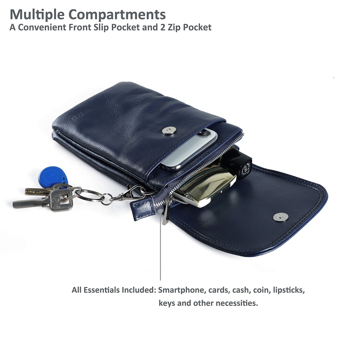befen Geniune Leather Crossbody Wallet Purse Cell Phone Bags for Women, Women's Small Leather Crossbody Travel Bags - Fit iPhone 15 Pro Max (Navy Blue)