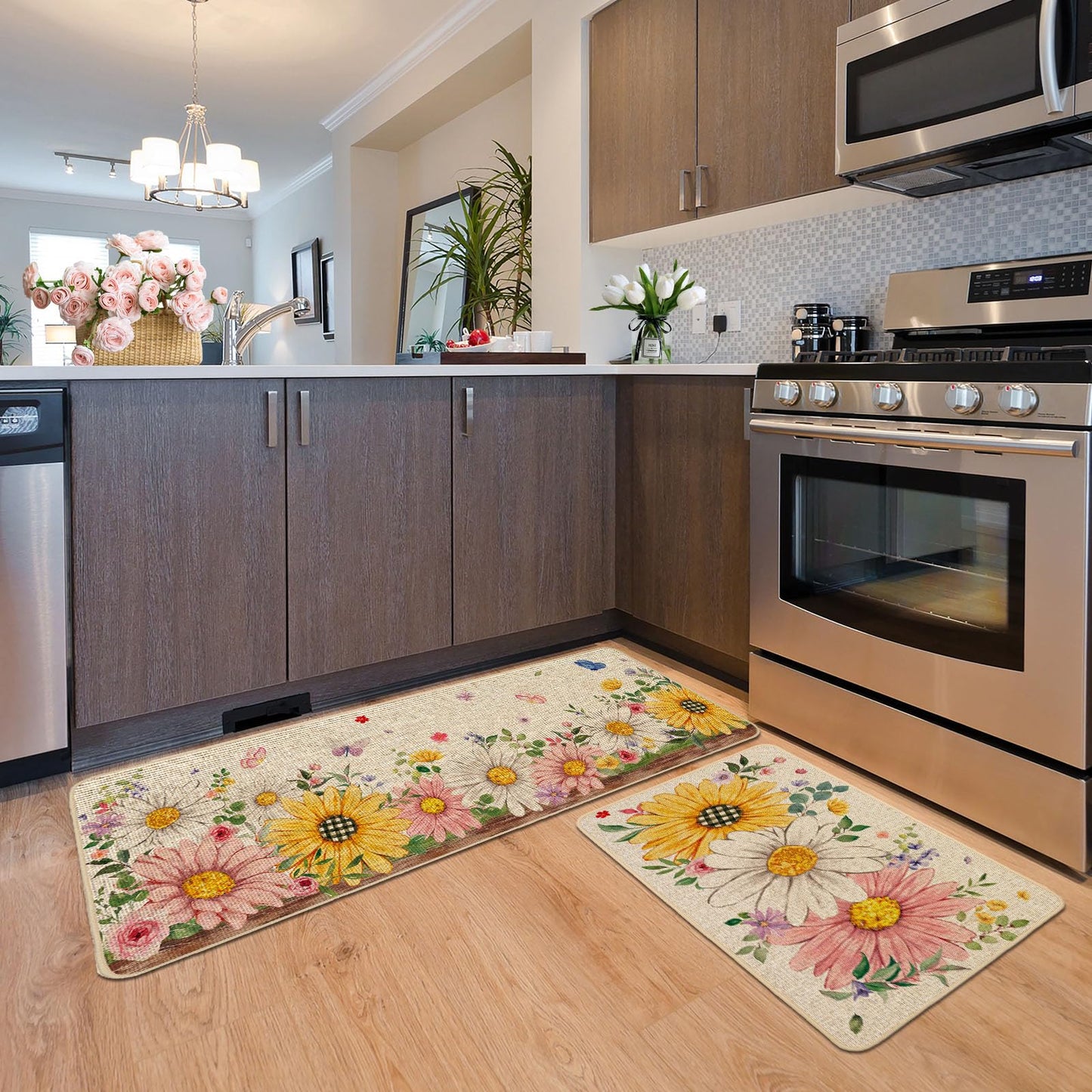 Baccessor Summer Kitchen Mats Set of 2, Sunflower Daisy Floral Kitchen Rugs for Floor Non Slip Low-Profile Seasonal Home Decor 17x29 and 17x47 Inch