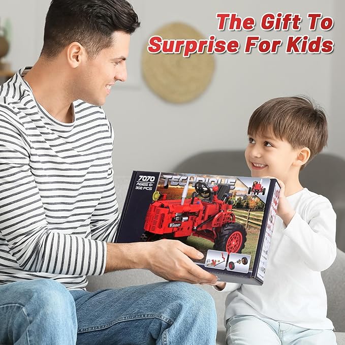 Classic 1/12 Red Tractor Building Blocks SetFarm Tractor Building Kit Toy for Kids Ages 6+STEM Educational Construction Kit for Kids 302 PCS with Shifting &amp Steering &amp Flip Hood Structure