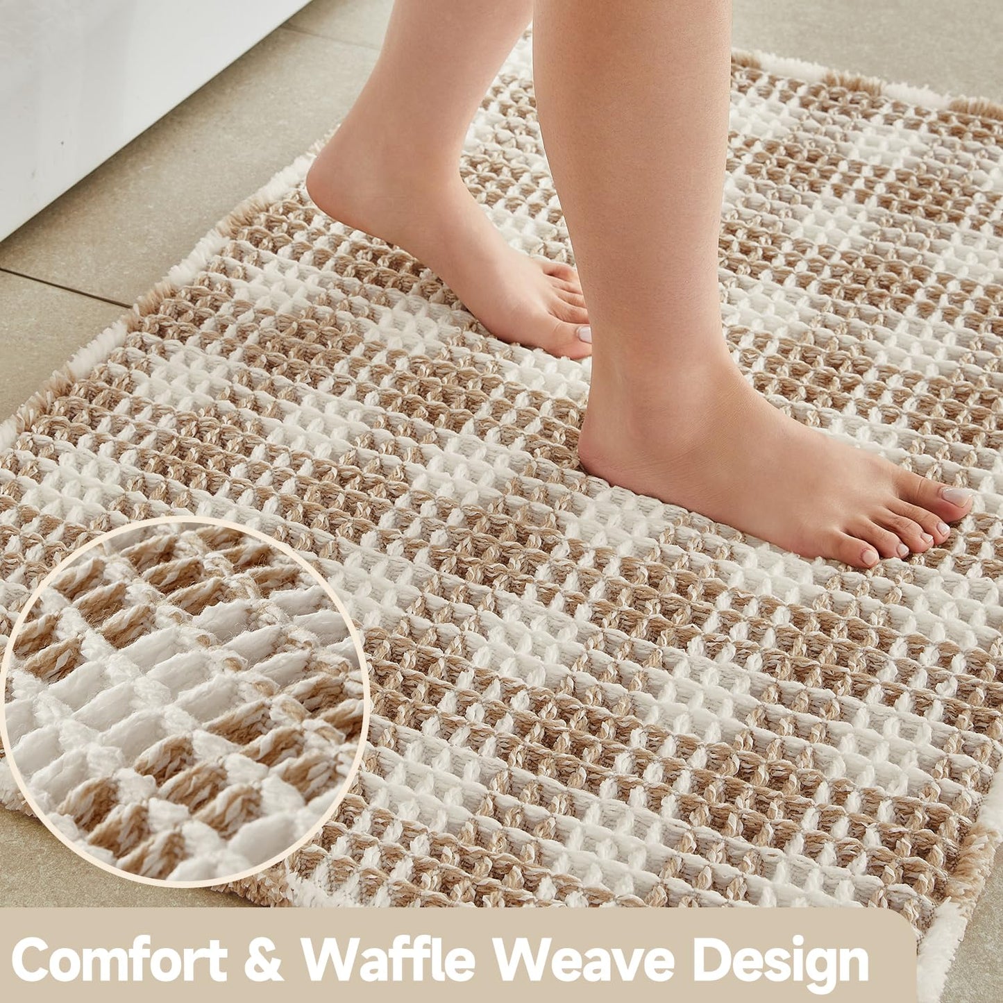 TYUU Waffle Bath Mat, Boho Bathroom Rugs Non Slip Washable Absorbent Checkered Bathroom Mat Quick Dry Farmhouse Bathroom Decor, 24"x16" Khaki and White