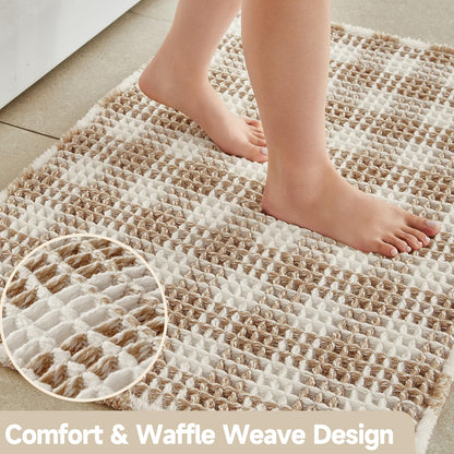 TYUU Waffle Bath Mat, Boho Bathroom Rugs Non Slip Washable Absorbent Checkered Bathroom Mat Quick Dry Farmhouse Bathroom Decor, 24"x16" Khaki and White