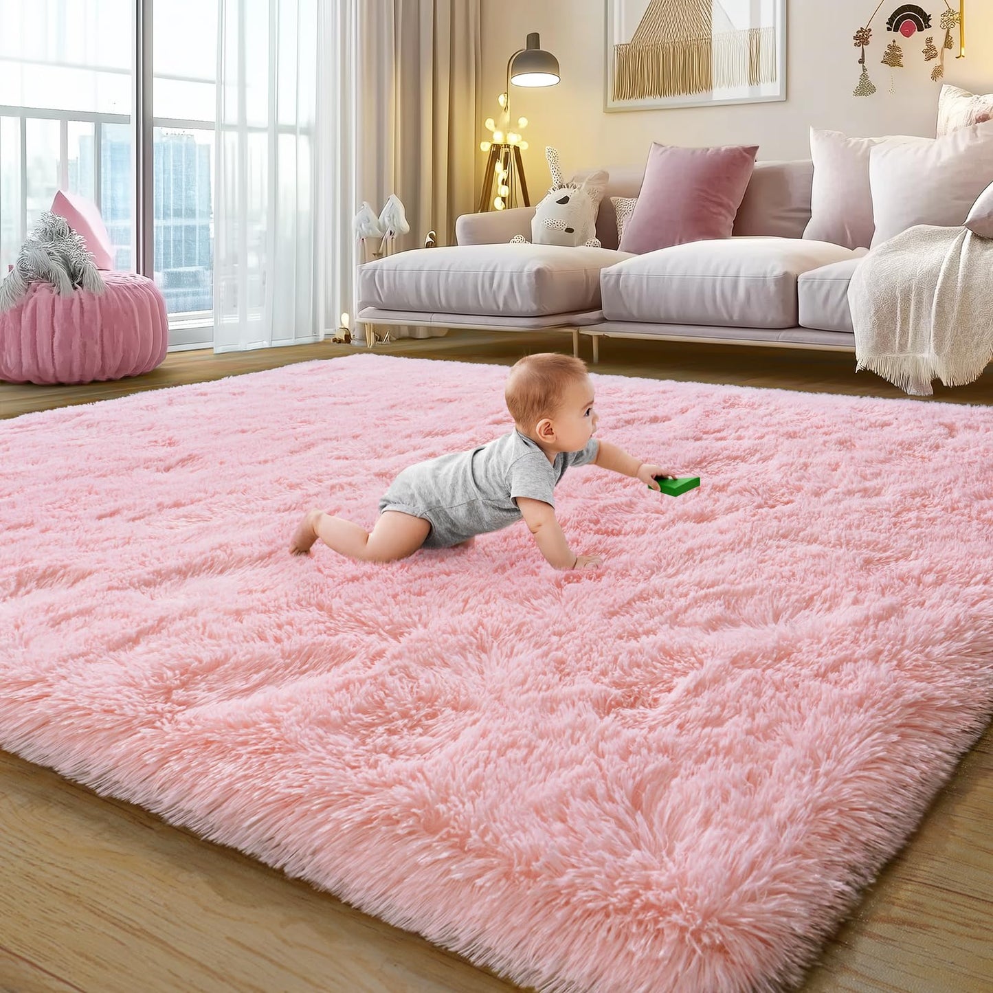 Rezutan Ultra Soft Pink Rugs for Bedroom 8x10 Feet, Fluffy Shag Area Rugs for Living Room, Large Comfy Furry Rug for Girls Kids Baby Room Decor Teenage Pastel Princess Rug, Non Slip。